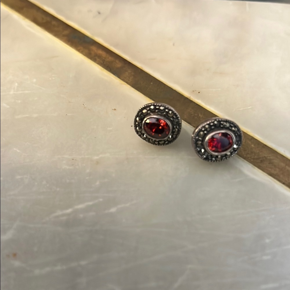 Elegant Silver and Red Stud Earrings